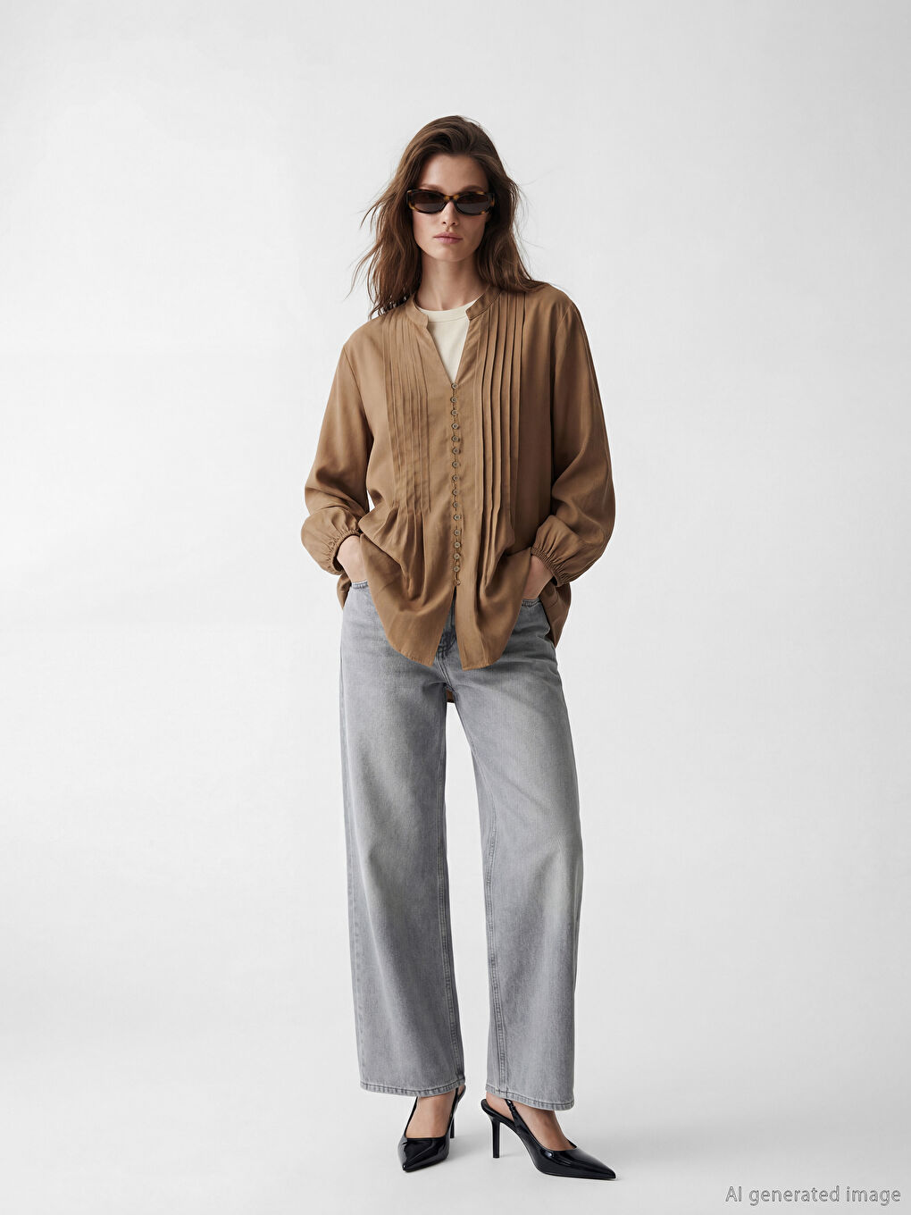 Kahverengi Kaçık Yaka Pileli Bluz-1