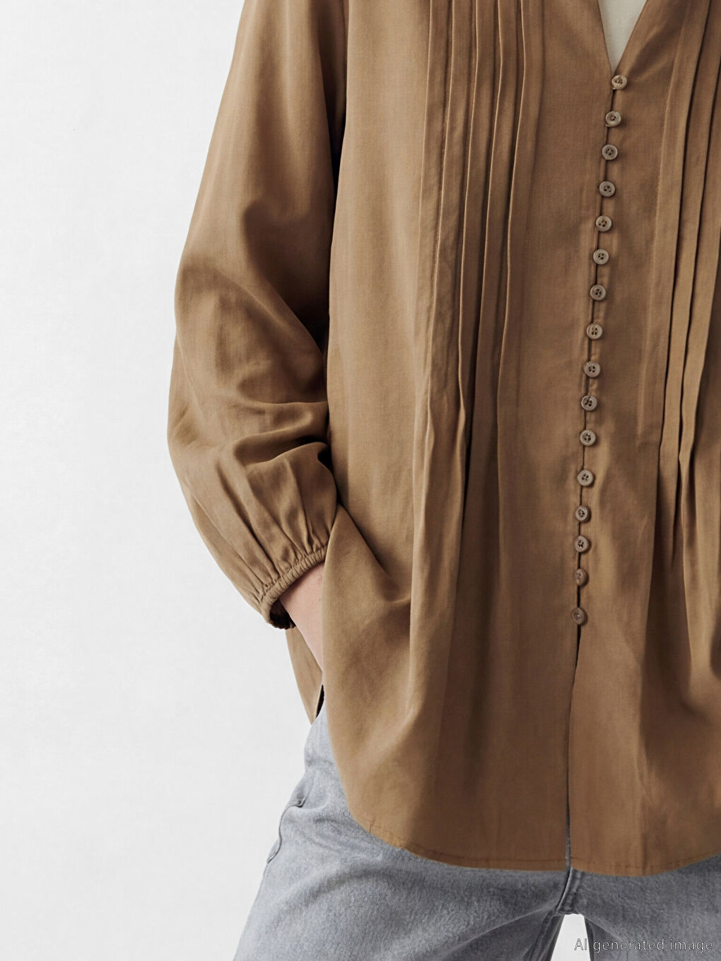 Kahverengi Kaçık Yaka Pileli Bluz-2