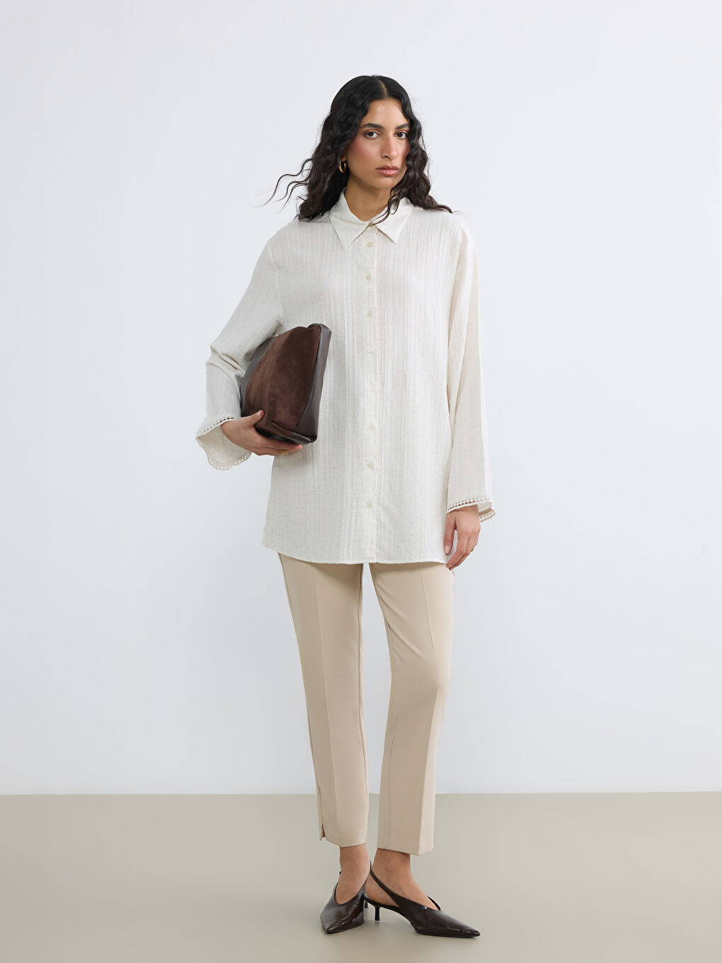 Ekru Dokulu Keten Karışımlı Kadın Gömlek Tunik-1