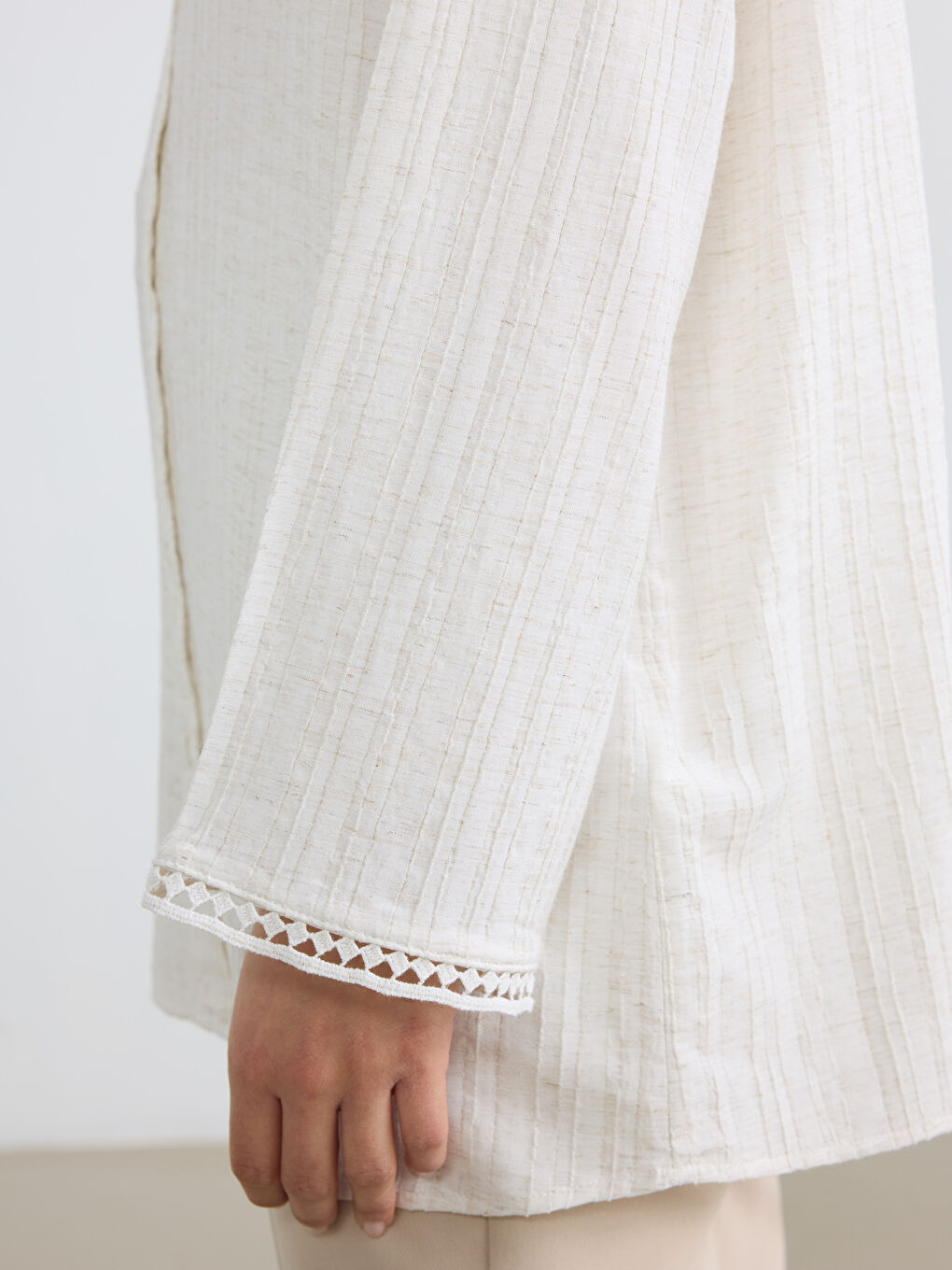 Ekru Dokulu Keten Karışımlı Kadın Gömlek Tunik-2
