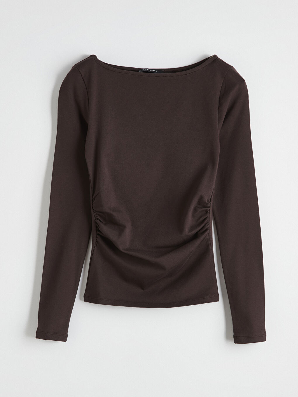 Kahverengi Kayık Yaka Büzgülü Body	