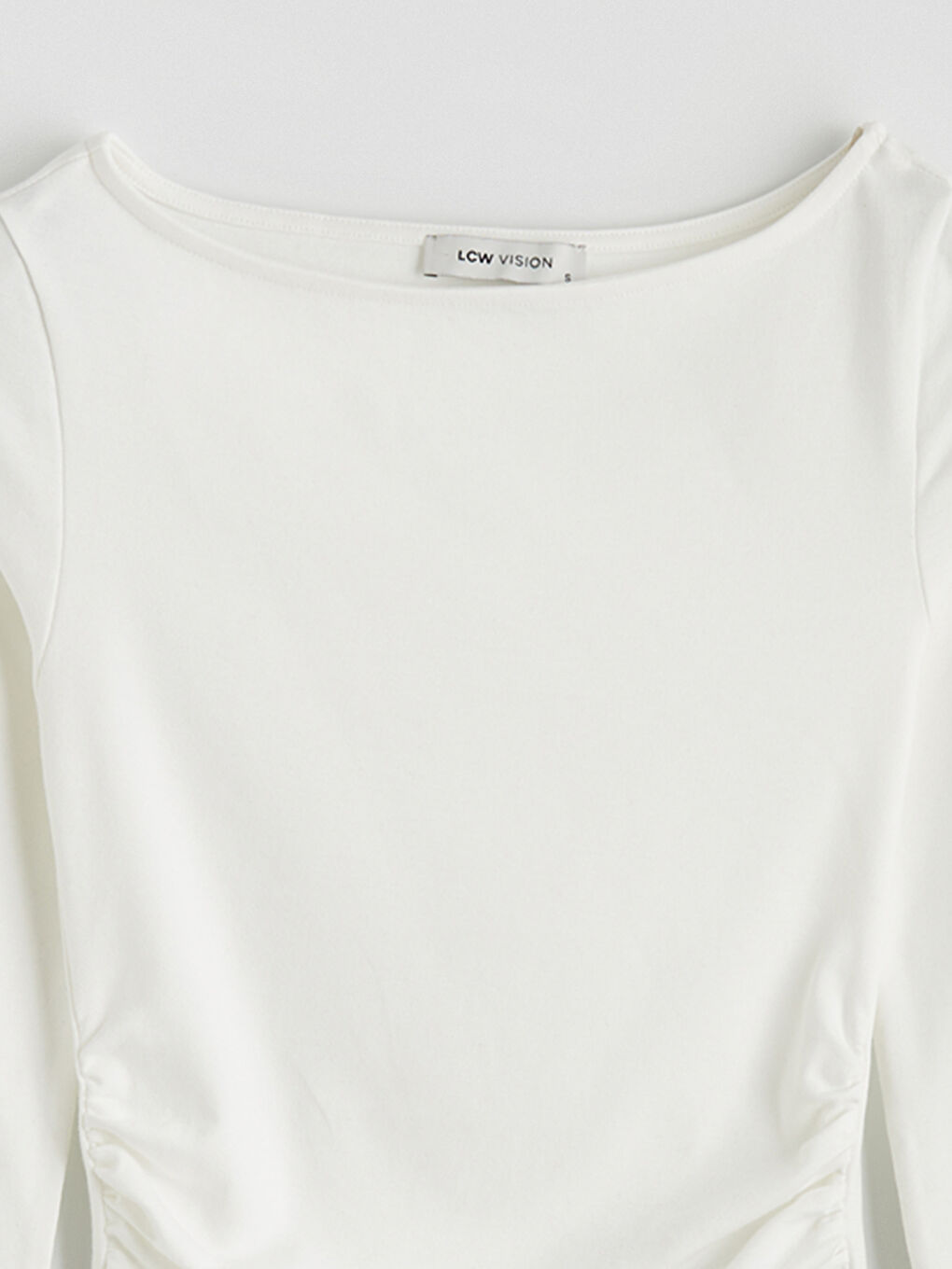 Ekru Kayık Yaka Büzgülü Body	-5