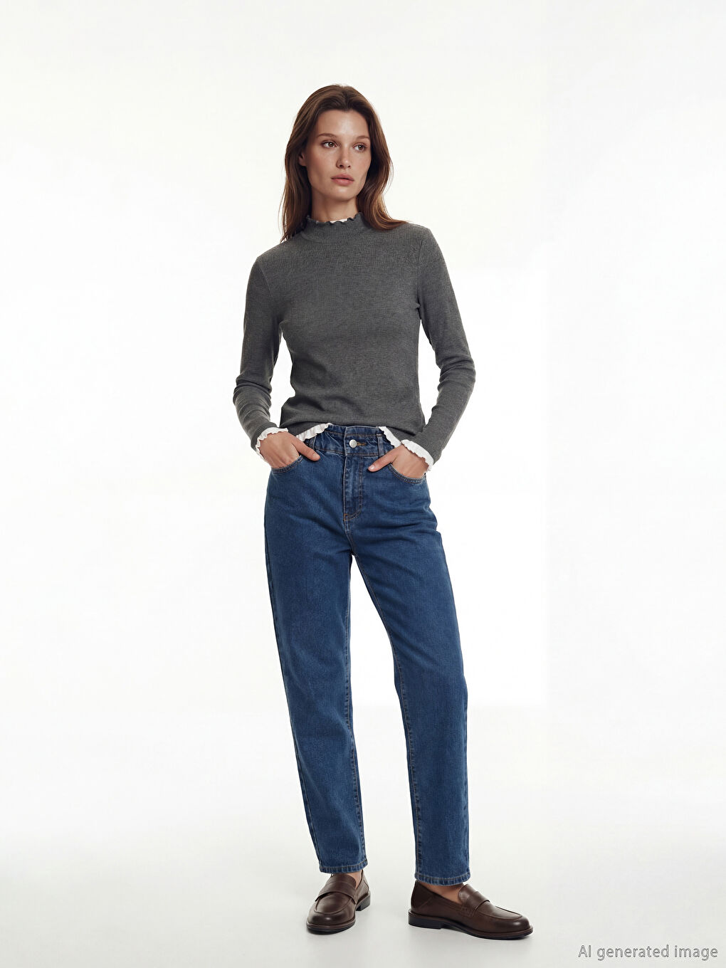 İndigo Beli Lastikli Mom Fit Kadın Jean Pantolon