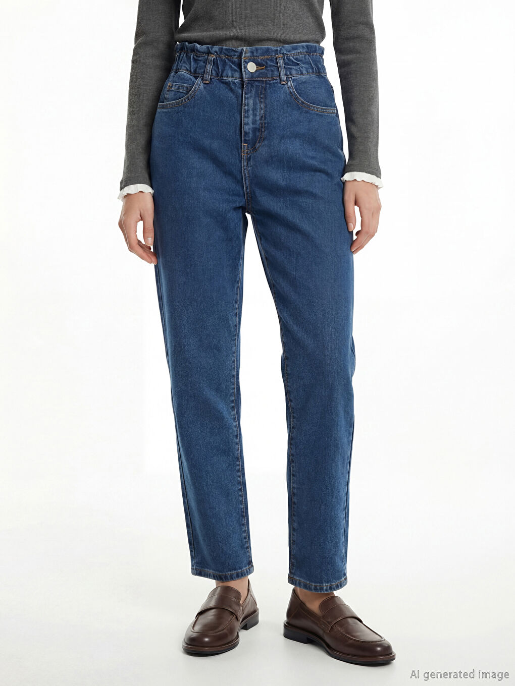İndigo Beli Lastikli Mom Fit Kadın Jean Pantolon-1