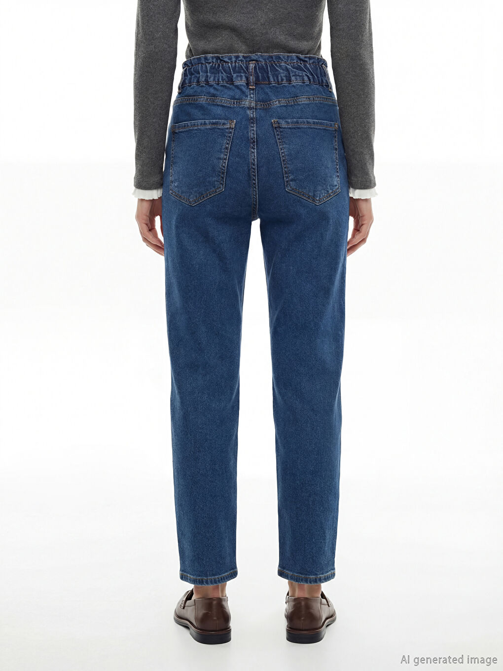 İndigo Beli Lastikli Mom Fit Kadın Jean Pantolon-3