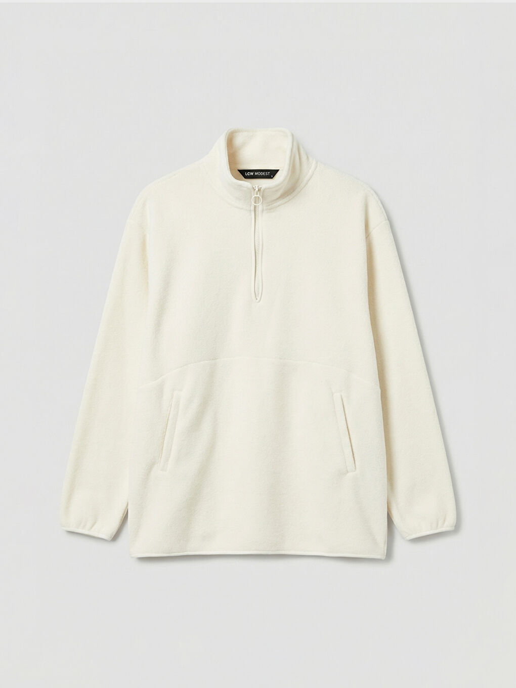 Ekru Dik Yaka Oversize Kadın Polar Sweatshirt-4