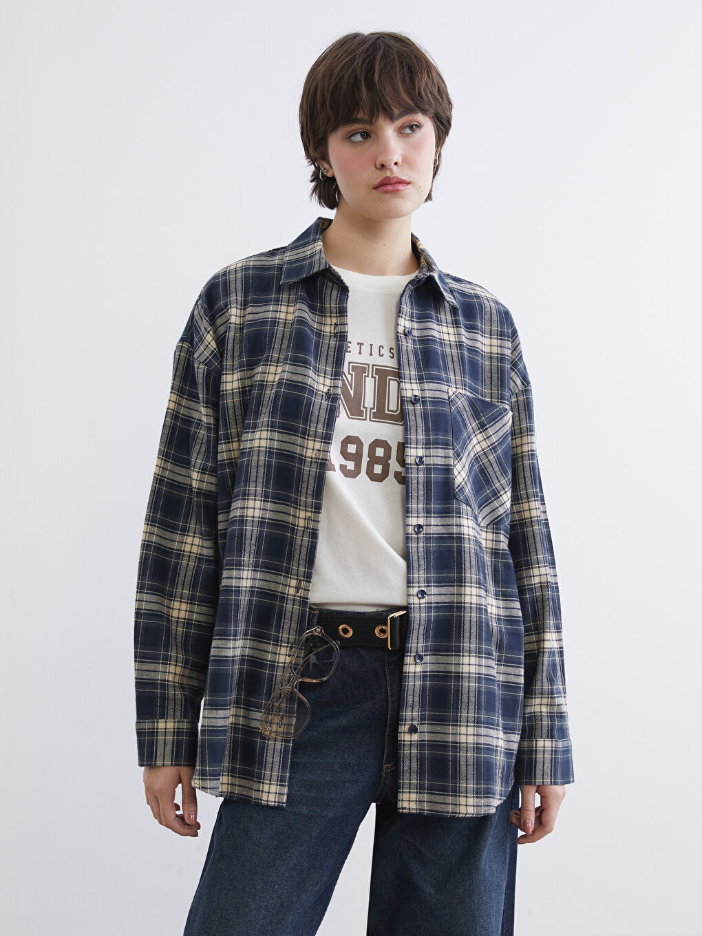 Lacivert Ekose Oversize Kadın Oduncu Gömlek