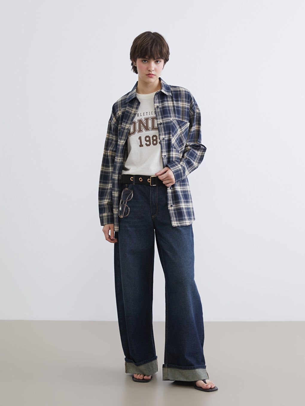 Lacivert Ekose Oversize Kadın Oduncu Gömlek-1