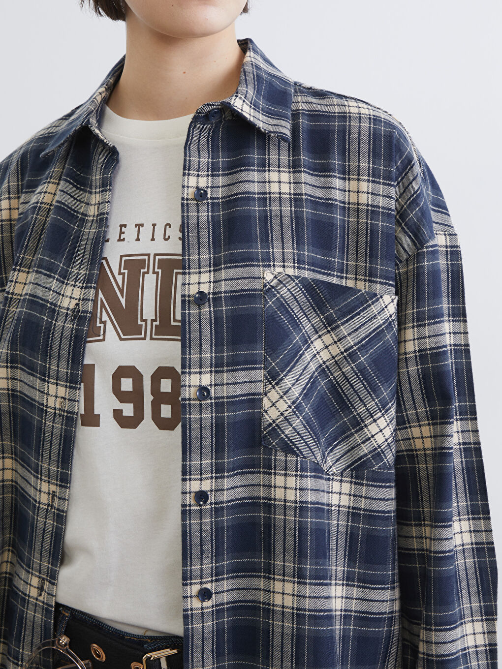 Lacivert Ekose Oversize Kadın Oduncu Gömlek-2