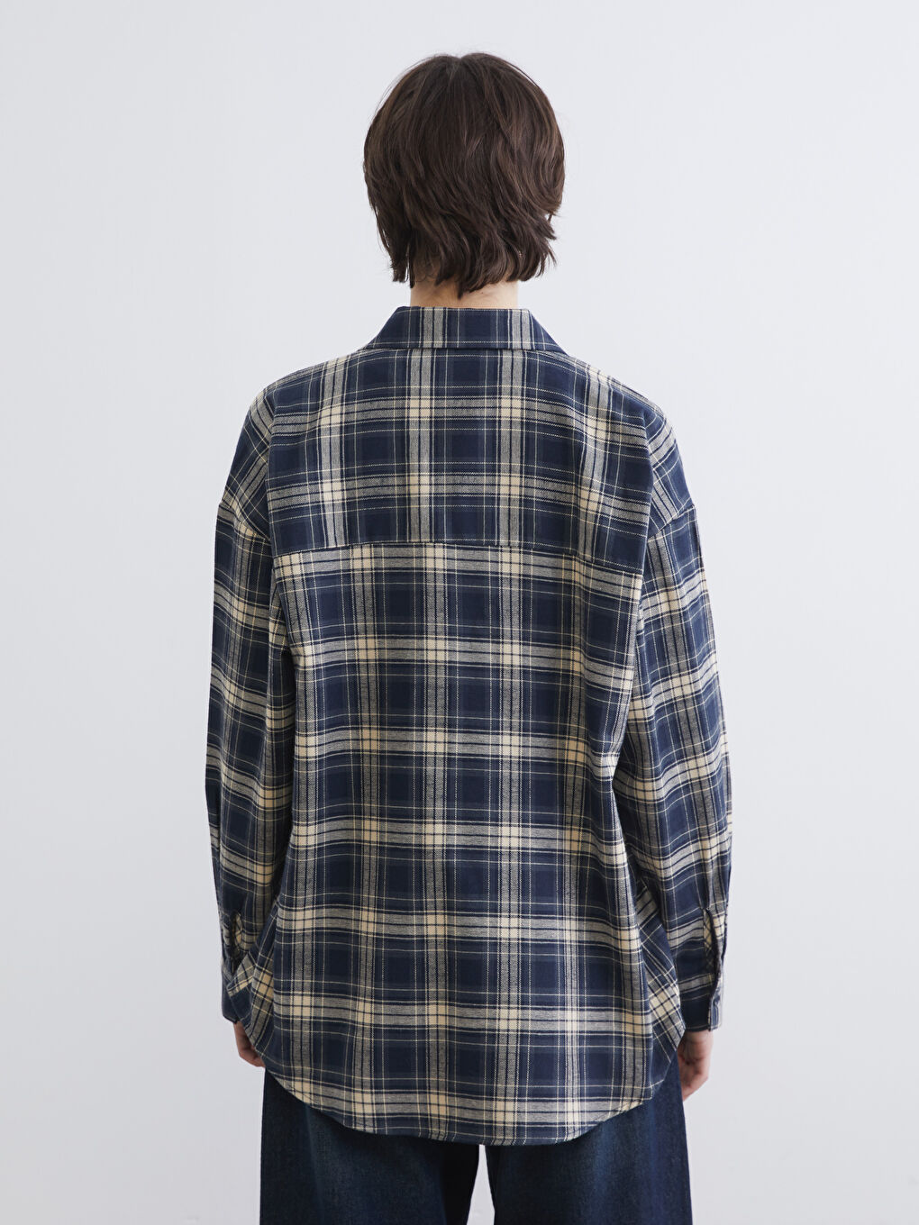 Lacivert Ekose Oversize Kadın Oduncu Gömlek-3