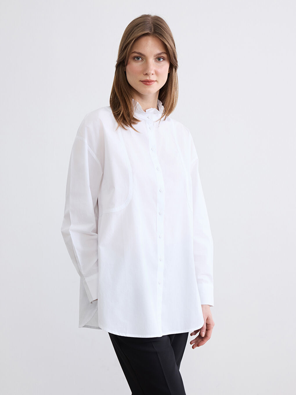 Beyaz Hakim Yaka Poplin Oversize Kadın Gömlek Tunik