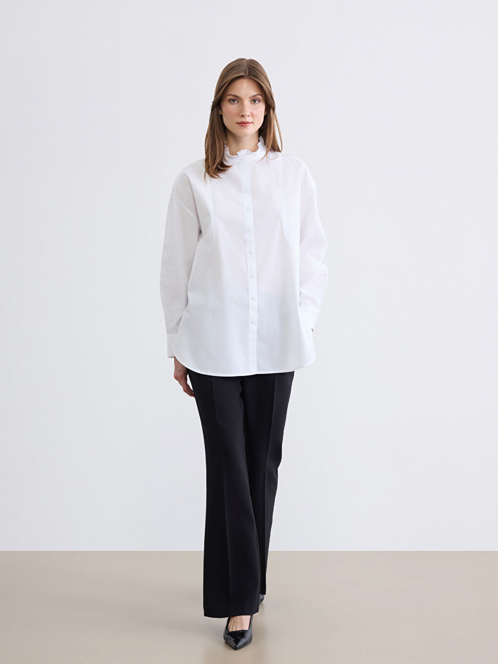 Beyaz Hakim Yaka Poplin Oversize Kadın Gömlek Tunik-1