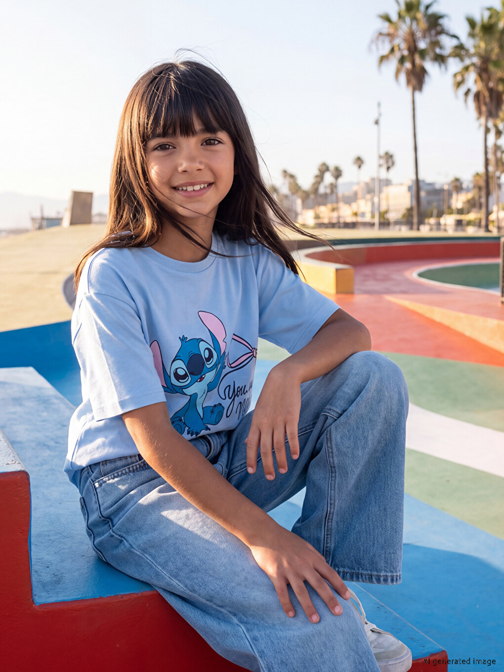 Mavi Stitch Baskılı Kız Çocuk Tişört