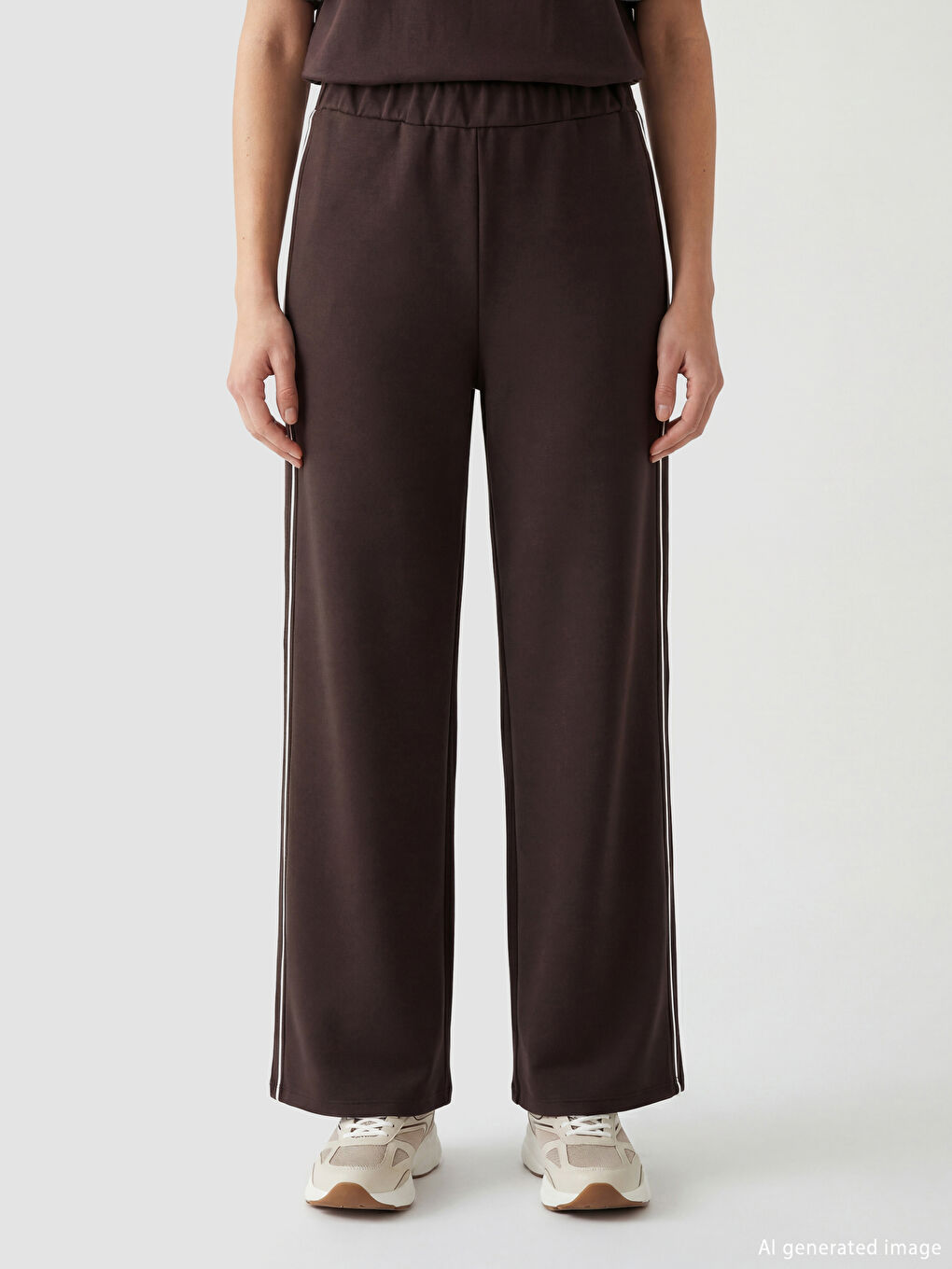 Kahverengi Beli Lastikli Soft Touch Kadın Eşofman Altı-1