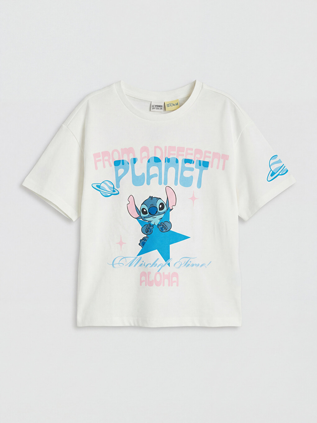 Beyaz Bisiklet Yaka Stitch Baskılı Kız Çocuk