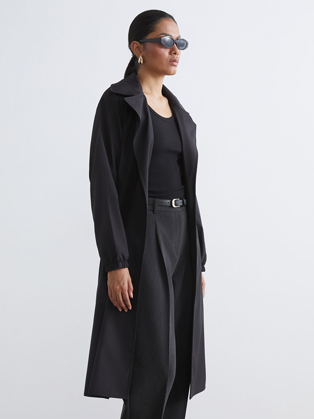 Siyah Kruvaze Yaka Oversize Kadın Trençkot-1