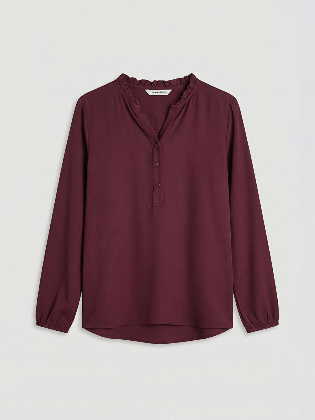 Bordo Fırfırlı Kaçık Yaka Bluz	