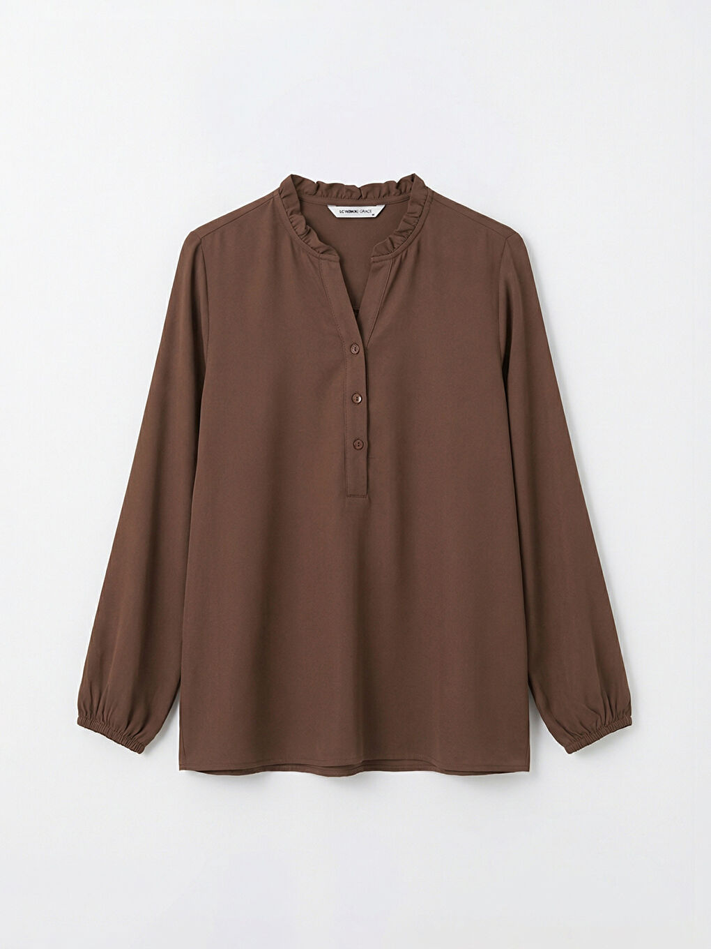 Kahverengi Fırfırlı Kaçık Yaka Bluz	