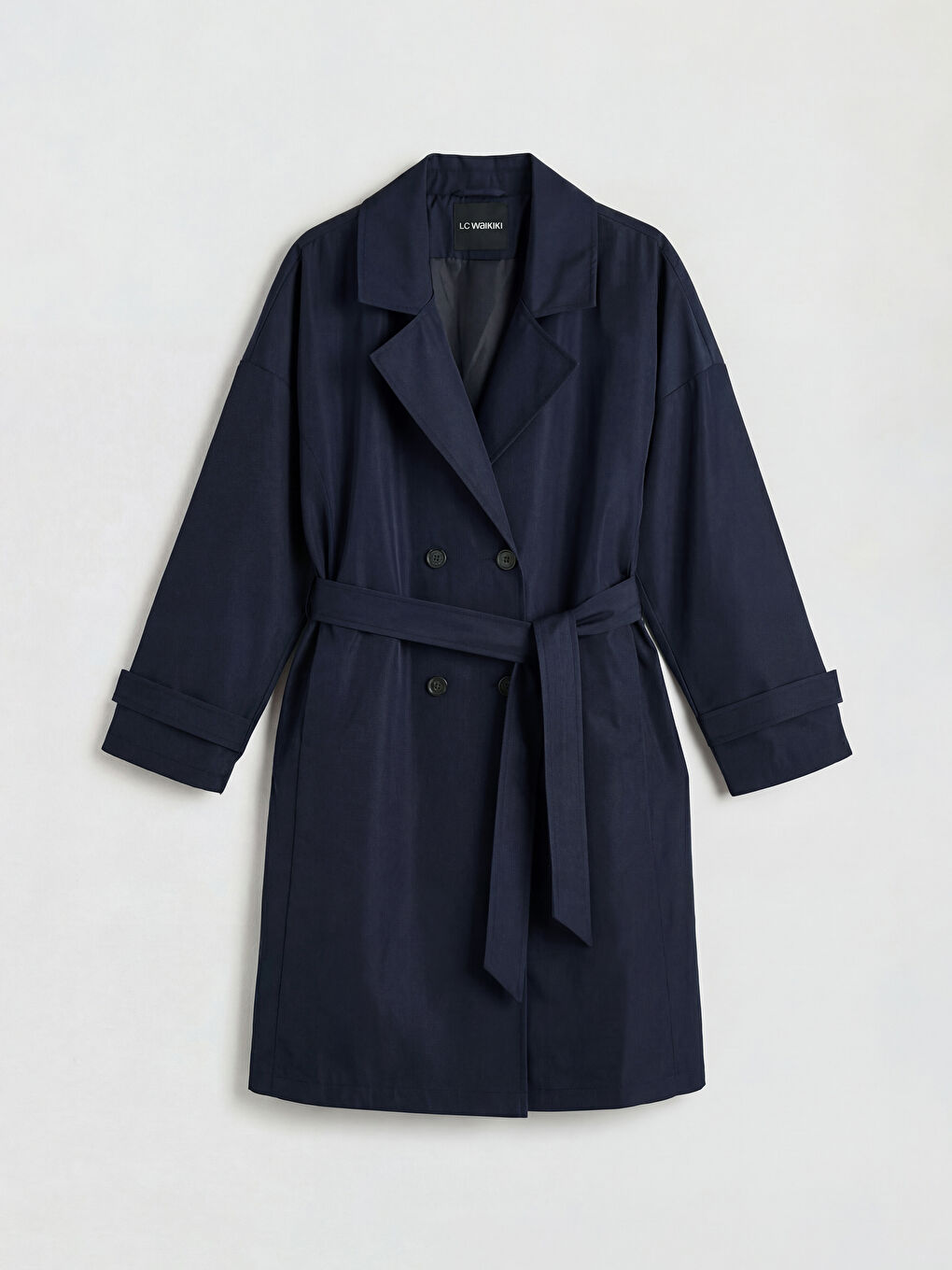 Lacivert Kruvaze Yaka Kuşaklı Oversize Kadın Trençkot-4