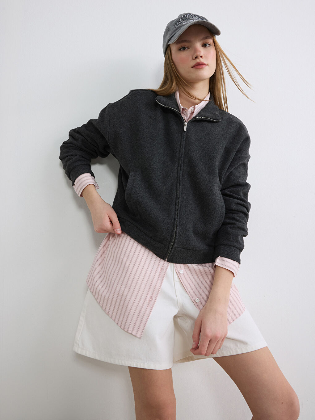 Суитшърт с цип за жени с висока яка, овърсайз