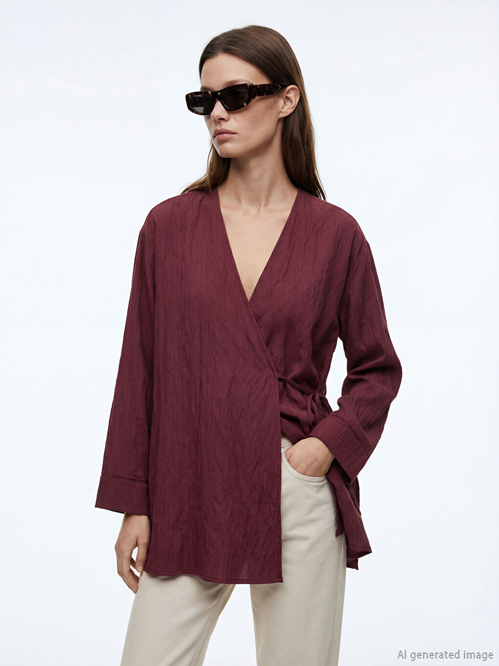 Bordo Kruvaze Yaka Dokulu Modal Karışımlı Kadın Kimono