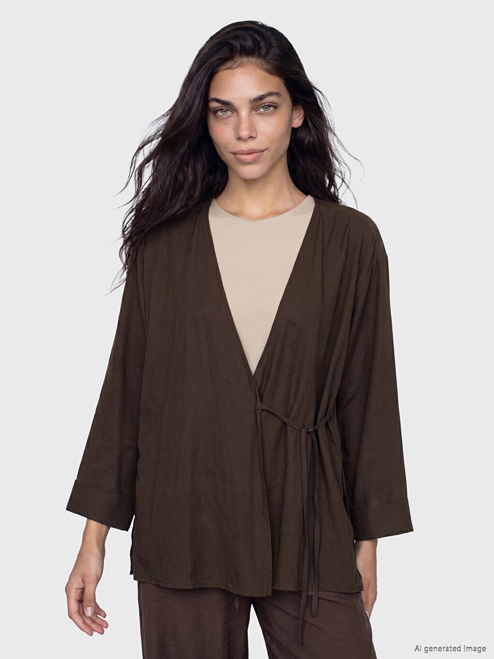 Kahverengi Kruvaze Yaka Dokulu Modal Karışımlı Kadın Kimono