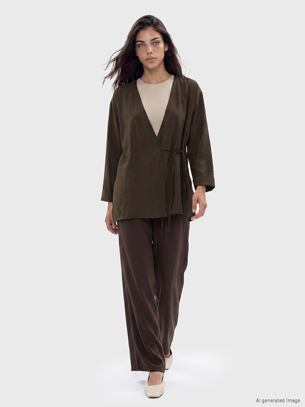 Kahverengi Kruvaze Yaka Dokulu Modal Karışımlı Kadın Kimono-1