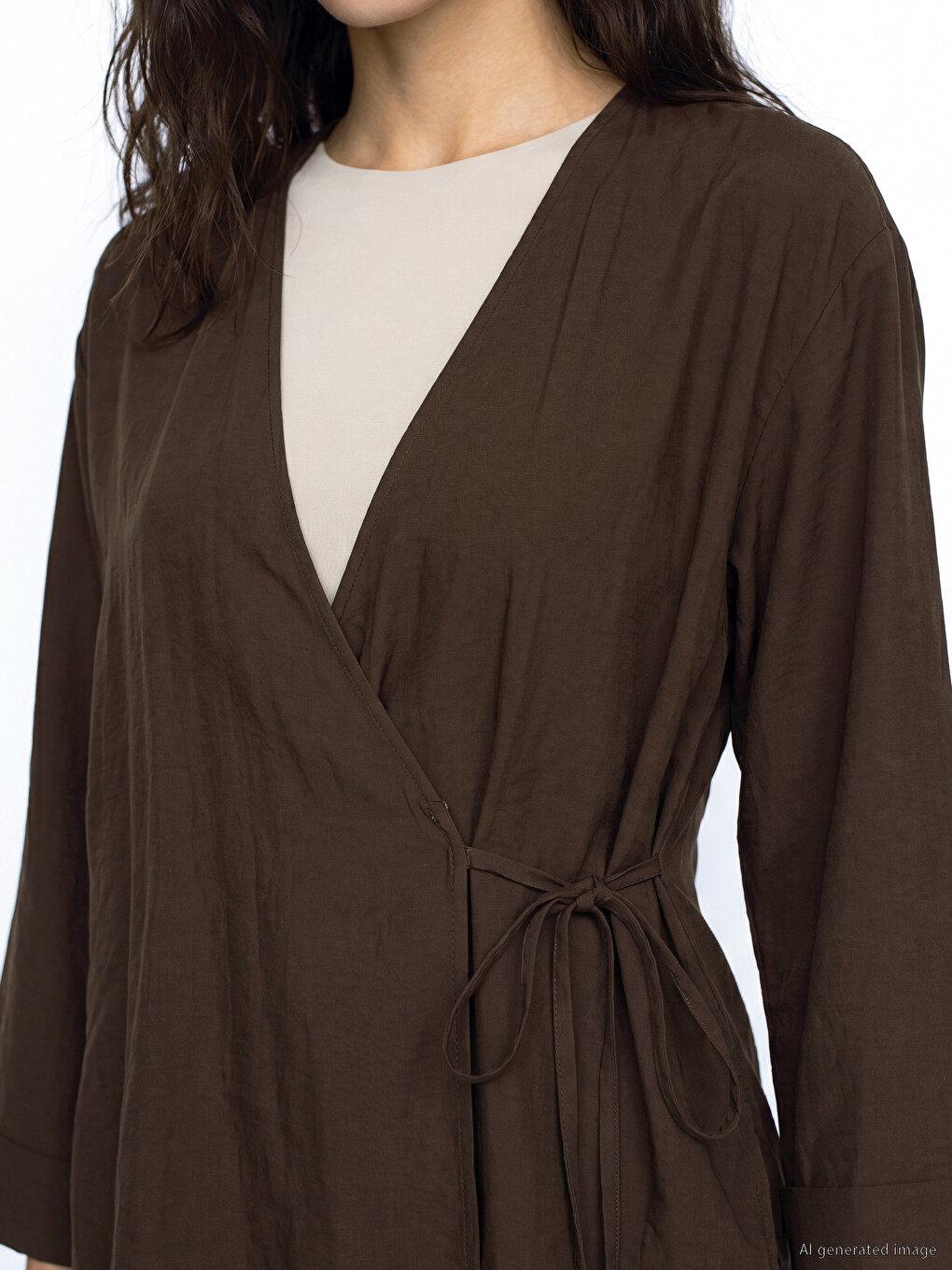 Kahverengi Kruvaze Yaka Dokulu Modal Karışımlı Kadın Kimono-2