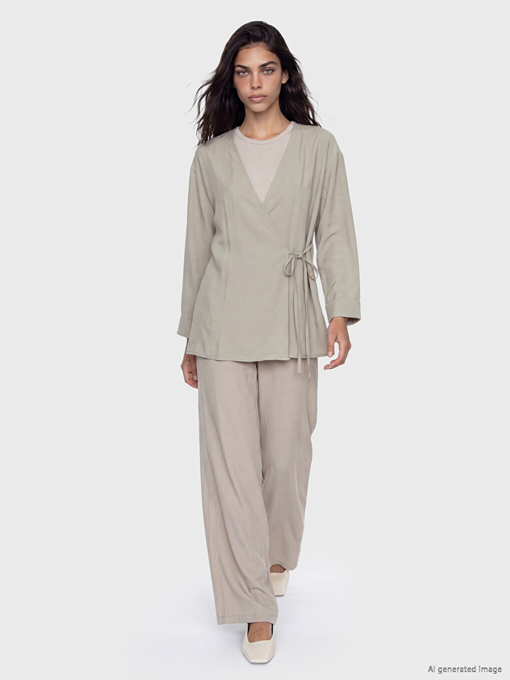 Gri Kruvaze Yaka Dokulu Modal Karışımlı Kadın Kimono-1