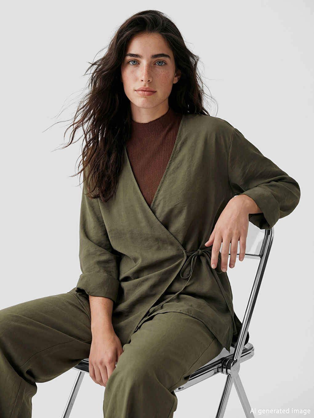 Haki Kruvaze Yaka Dokulu Modal Karışımlı Kadın Kimono