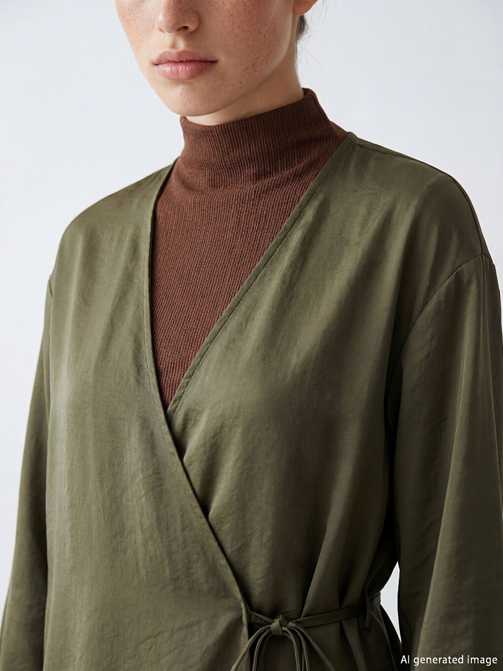 Haki Kruvaze Yaka Dokulu Modal Karışımlı Kadın Kimono-2