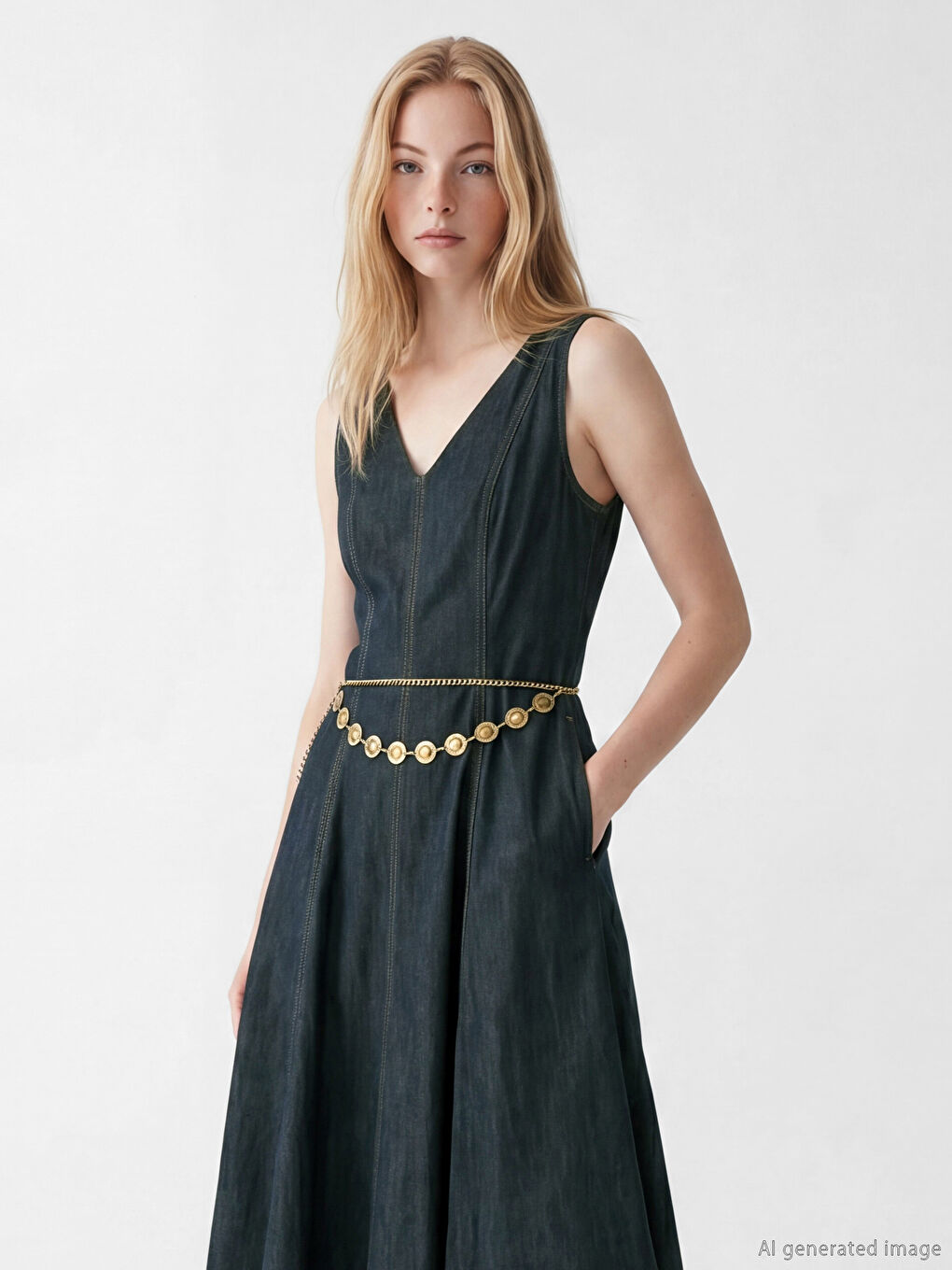 Lacivert V Yaka A Kesim Jean Elbise-1