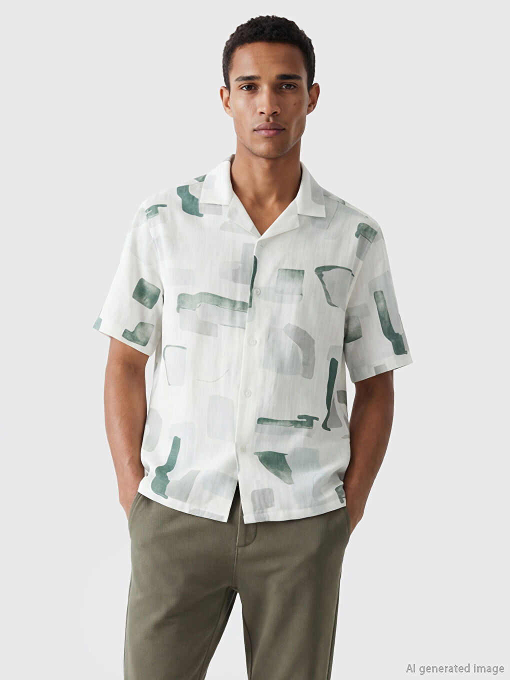 Yeşil Regular Fit Resort Yaka Desenli  Erkek Gömlek
