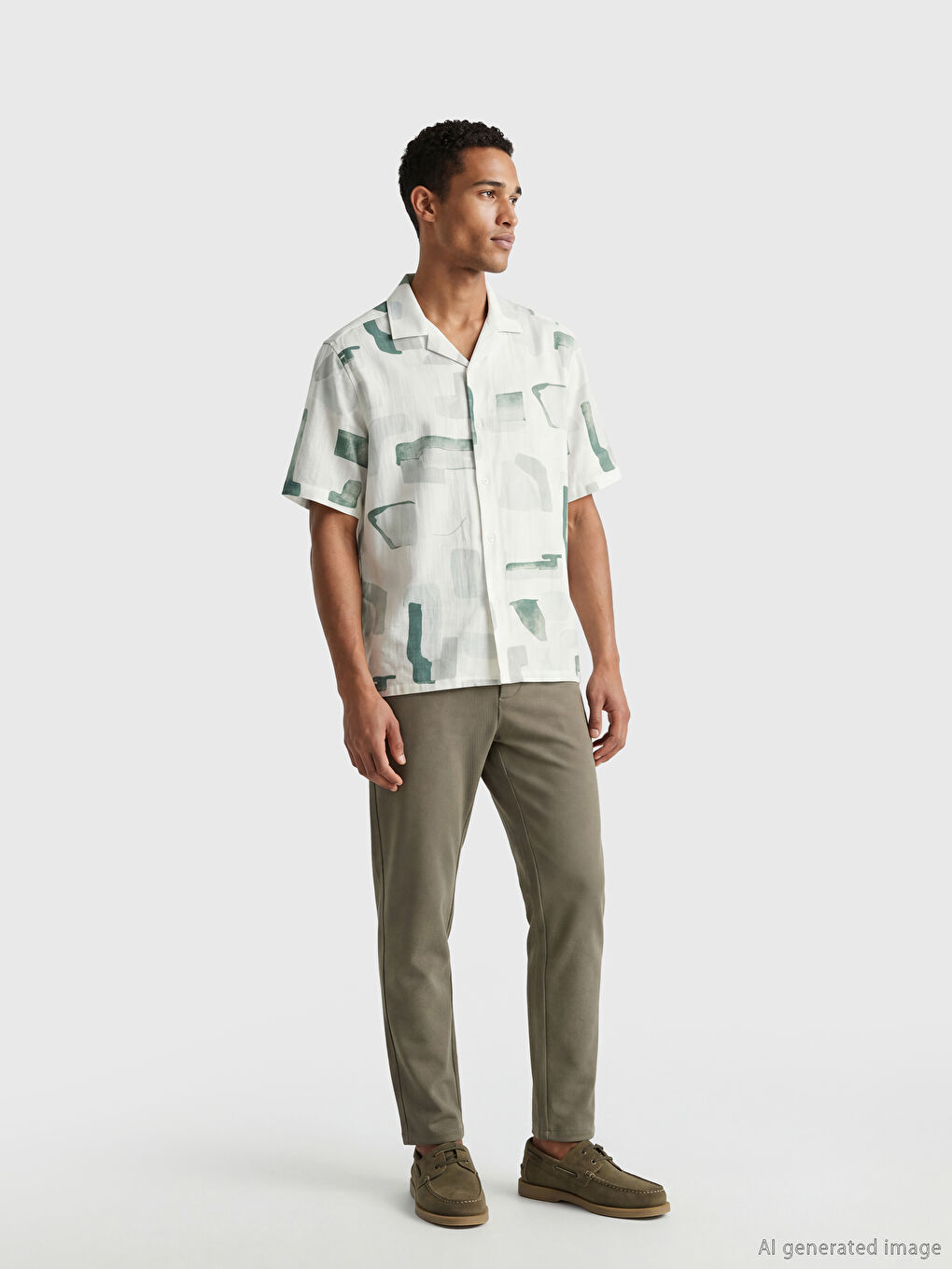 Yeşil Regular Fit Resort Yaka Desenli  Erkek Gömlek-1