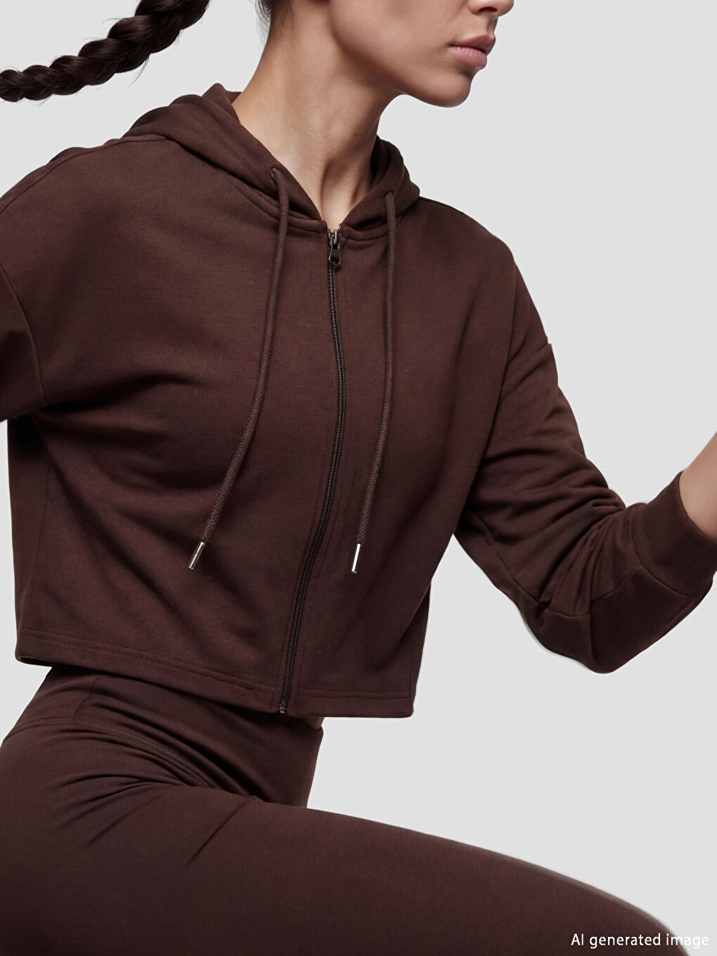 Kahverengi Kapüşonlu Soft Touch Kadın Fermuarlı Sweatshirt-2