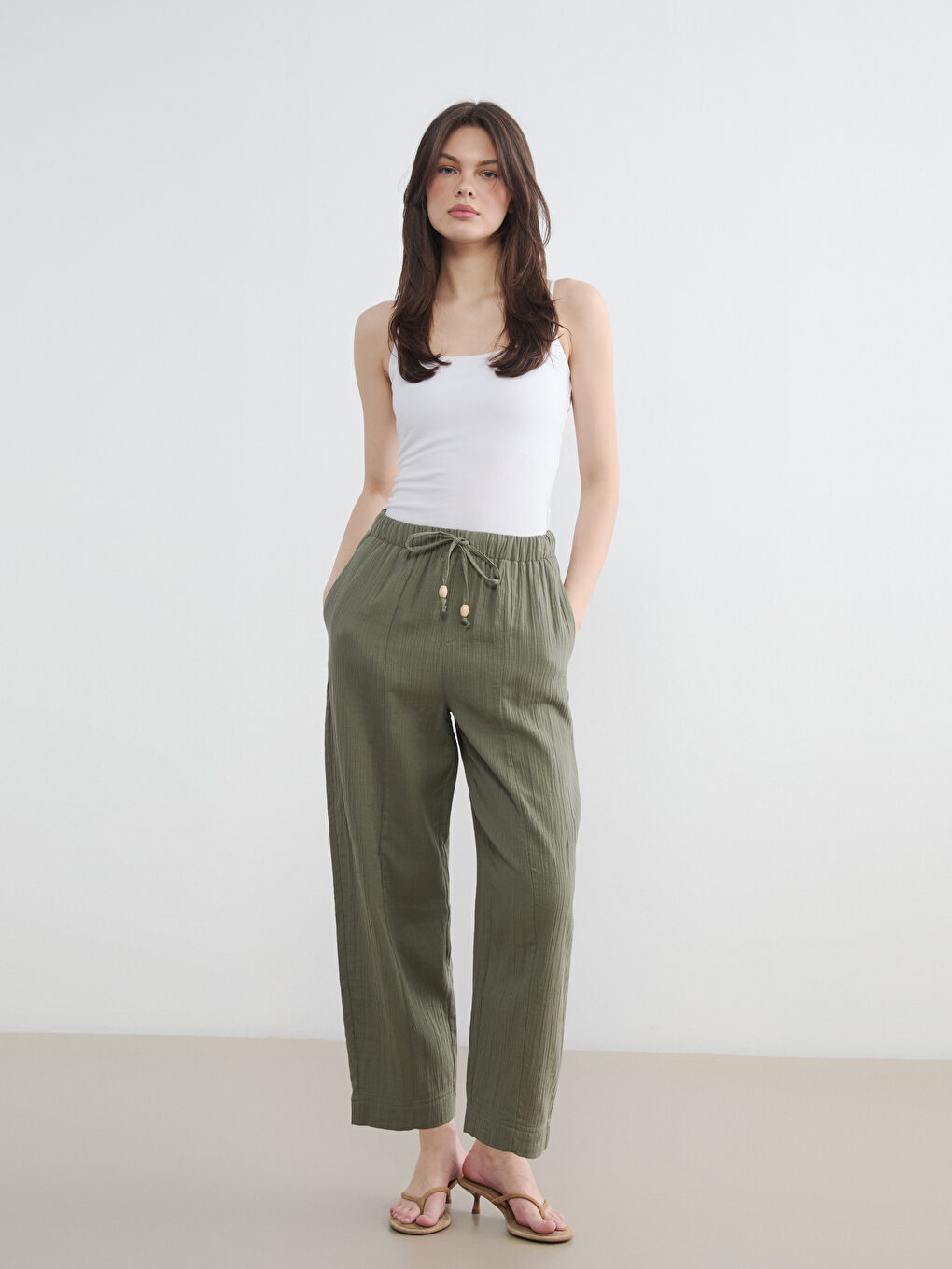 Haki Beli Lastikli Kadın Pantolon