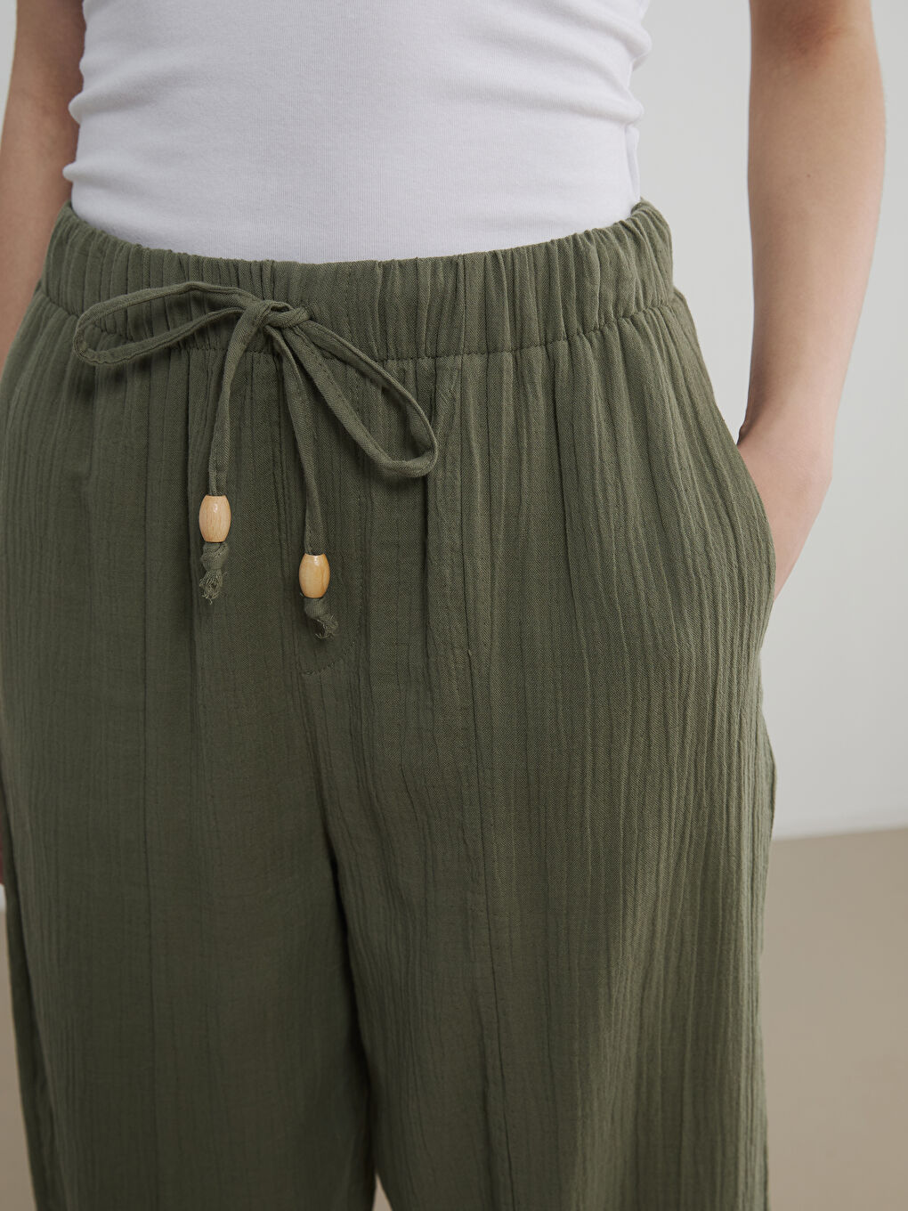 Haki Beli Lastikli Kadın Pantolon-2