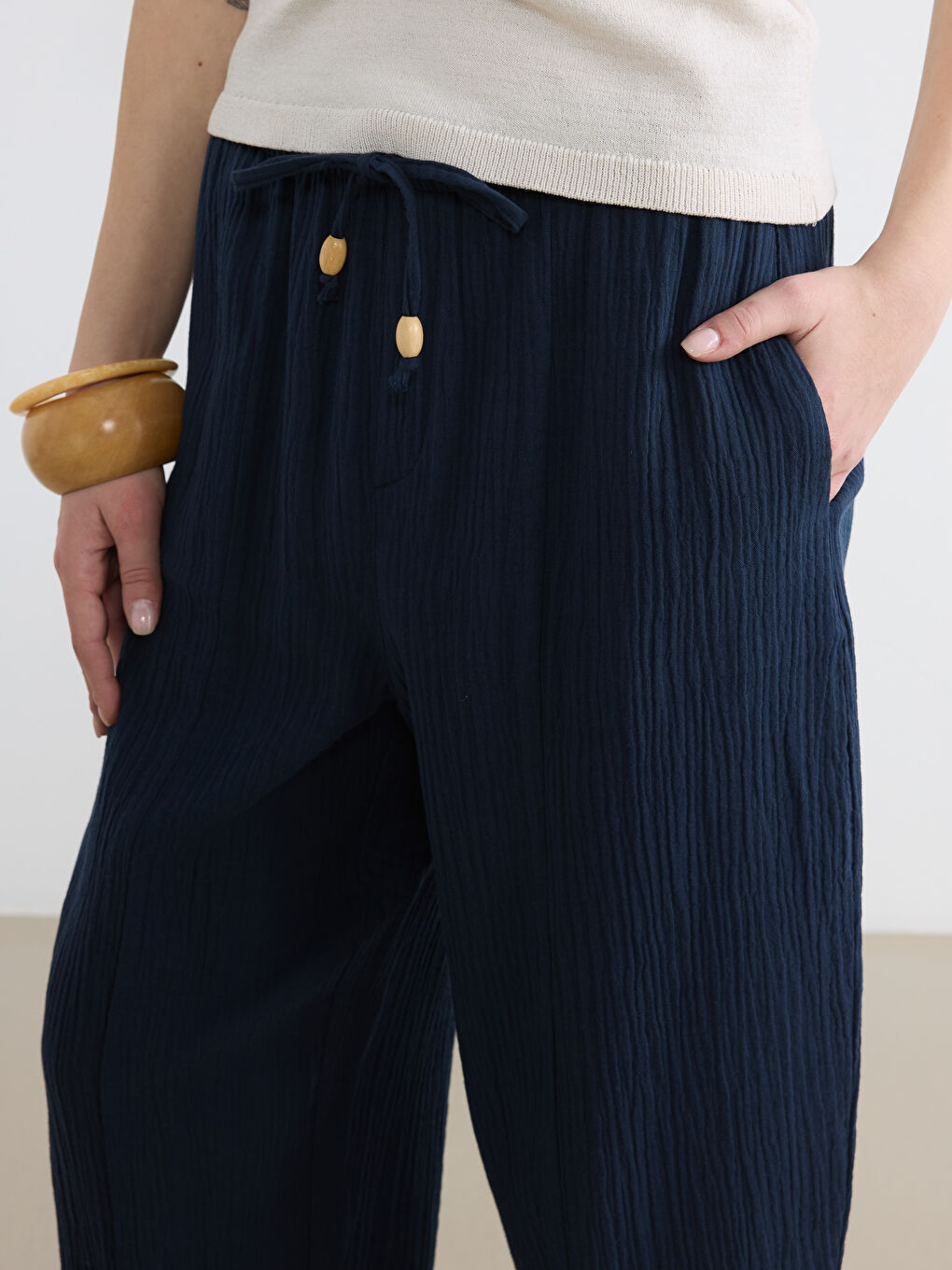 Lacivert Beli Lastikli Kadın Pantolon-2