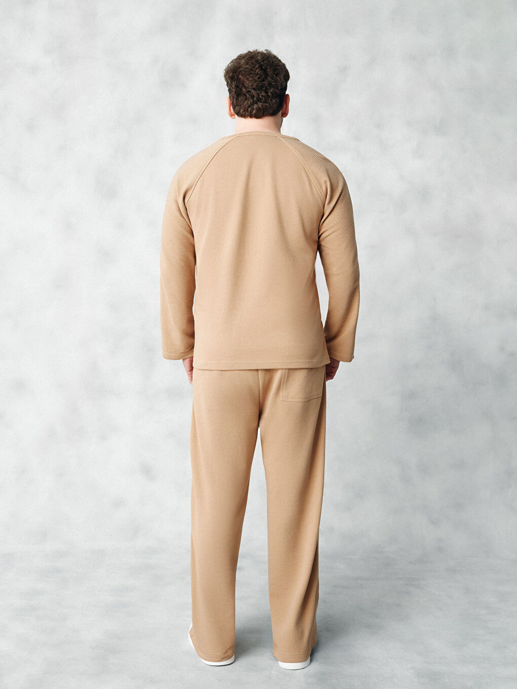 Bej Kolay Giyilebilir Yanlardan Cırt Bantlı Erkek Sweatshirt-3