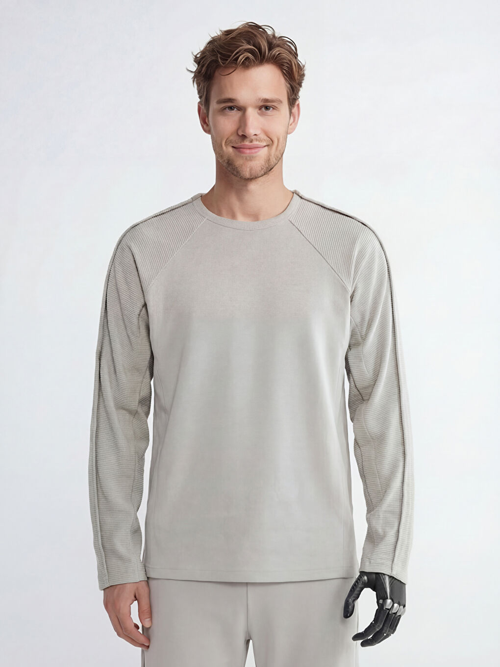 Bej Kolay Giyilebilir Yanlardan Cırt Bantlı Erkek Sweatshirt