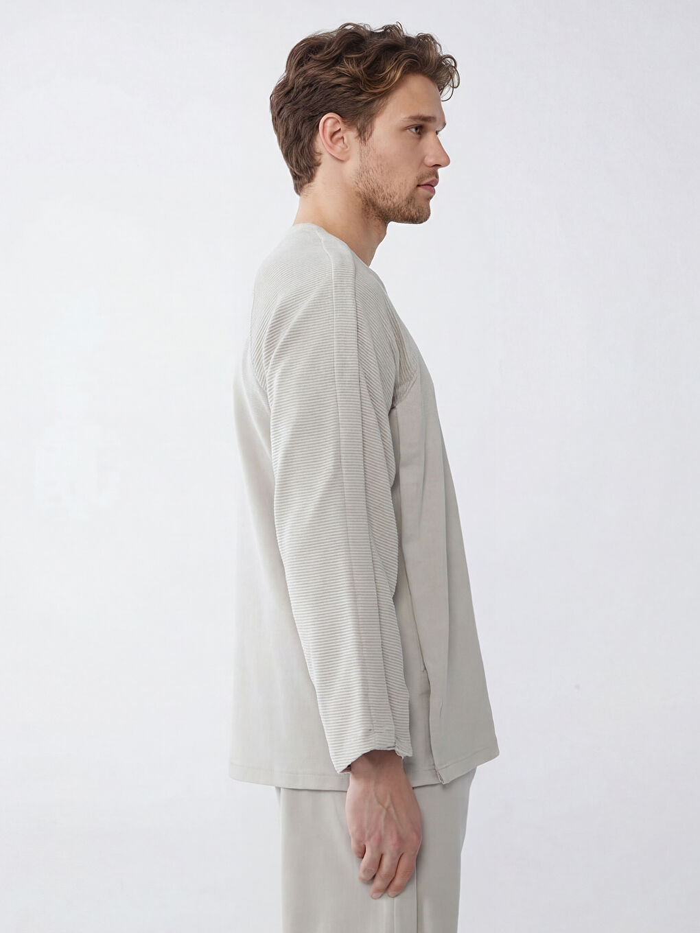 Bej Kolay Giyilebilir Yanlardan Cırt Bantlı Erkek Sweatshirt-2