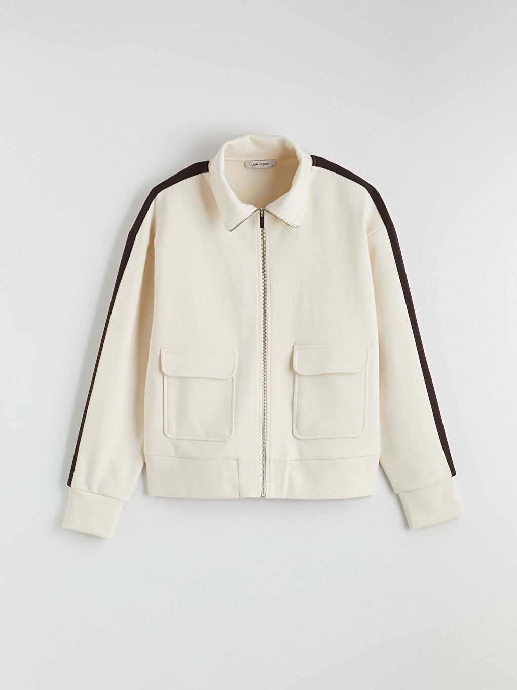 Ekru Dik Yaka Kadın Fermuarlı Sweatshirt