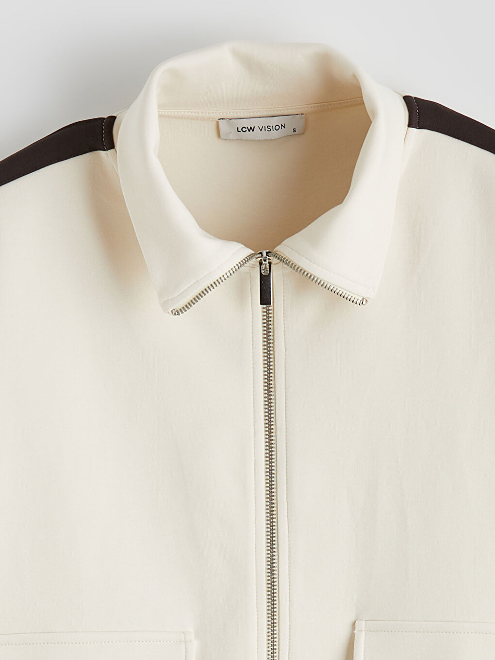 Ekru Dik Yaka Kadın Fermuarlı Sweatshirt-1