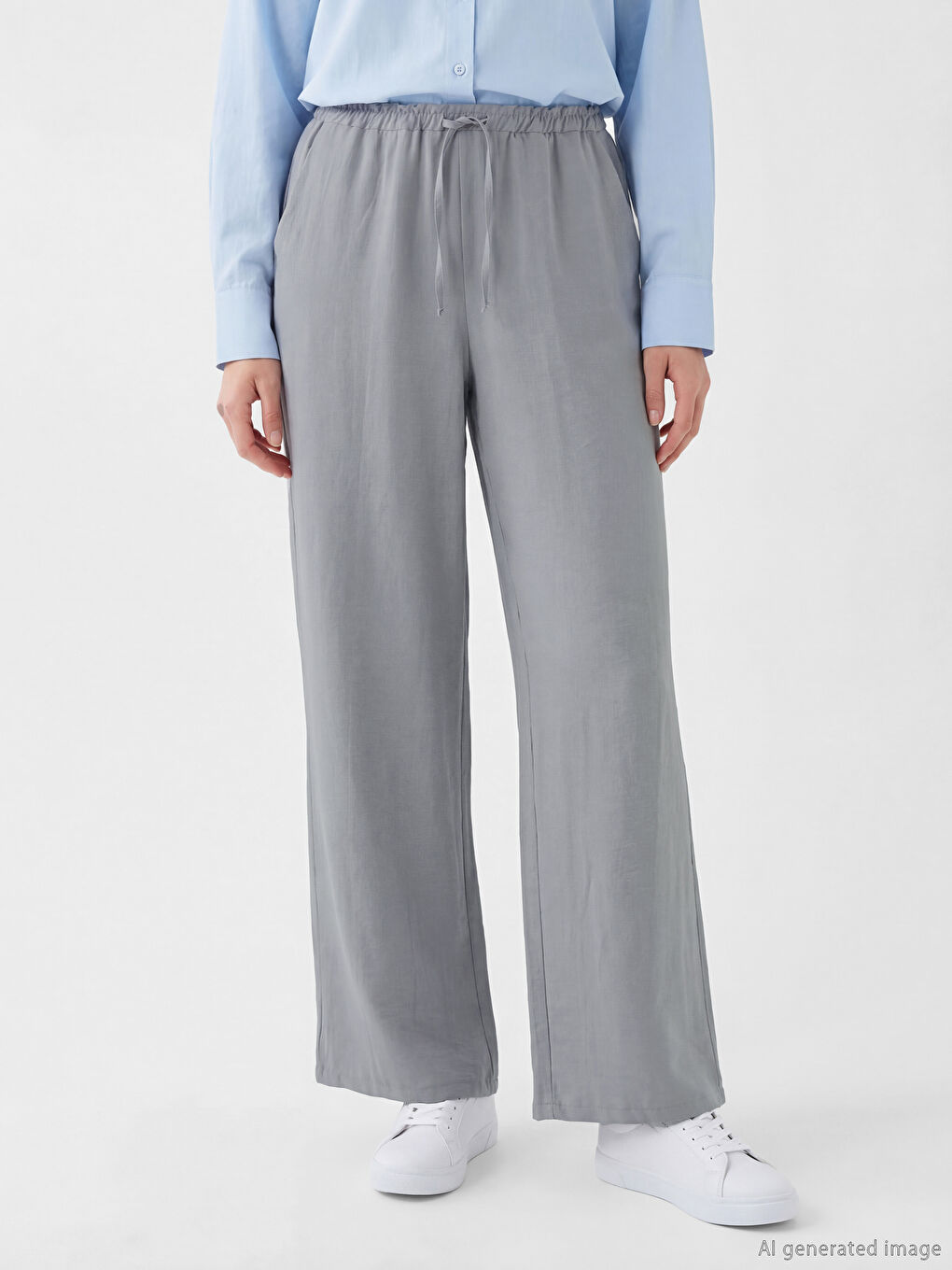 Gri Beli Lastikli Geniş Paça Kadın Pantolon-1