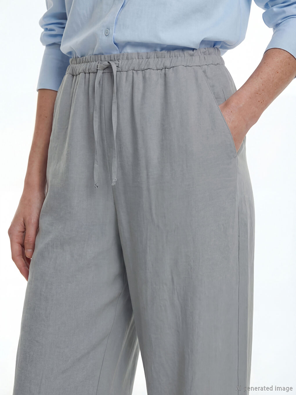 Gri Beli Lastikli Geniş Paça Kadın Pantolon-2