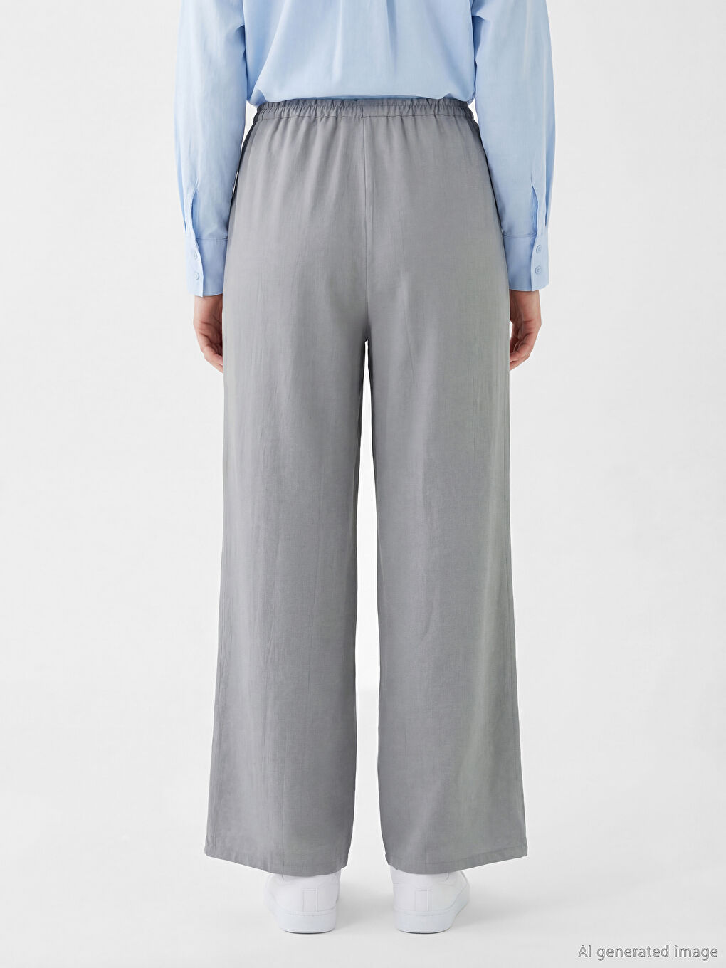 Gri Beli Lastikli Geniş Paça Kadın Pantolon-3