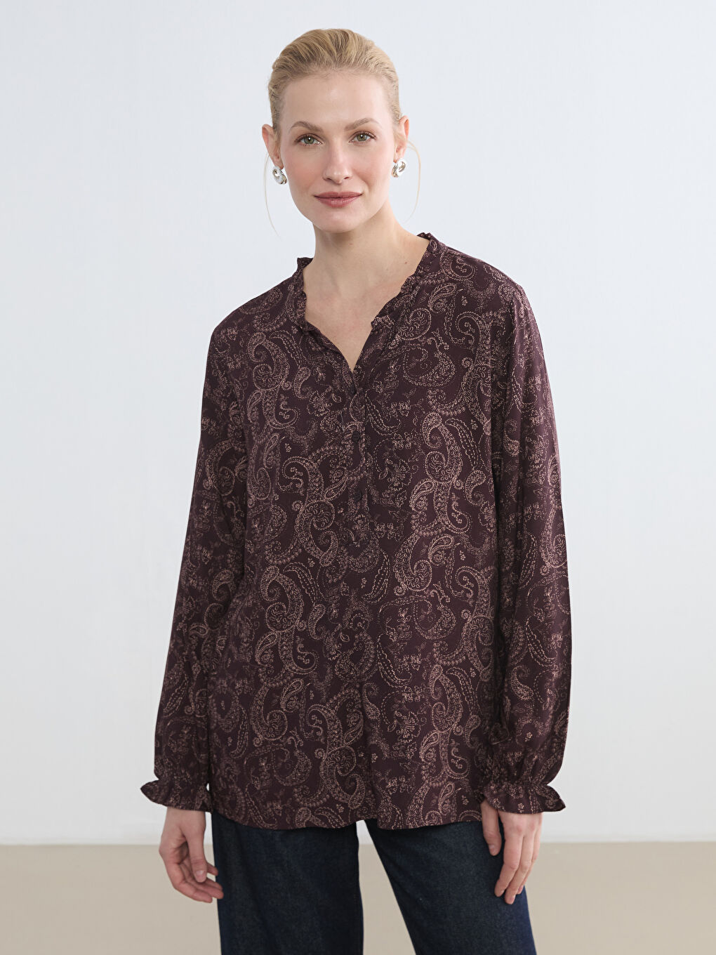 Bordo Kaçık Yaka Desenli Bluz