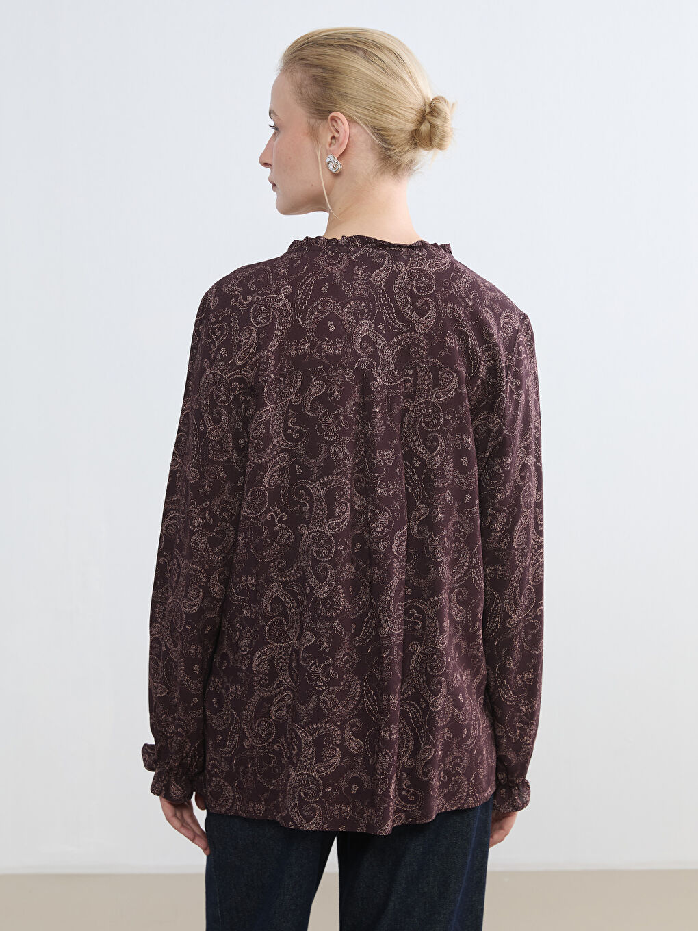 Bordo Kaçık Yaka Desenli Bluz-3