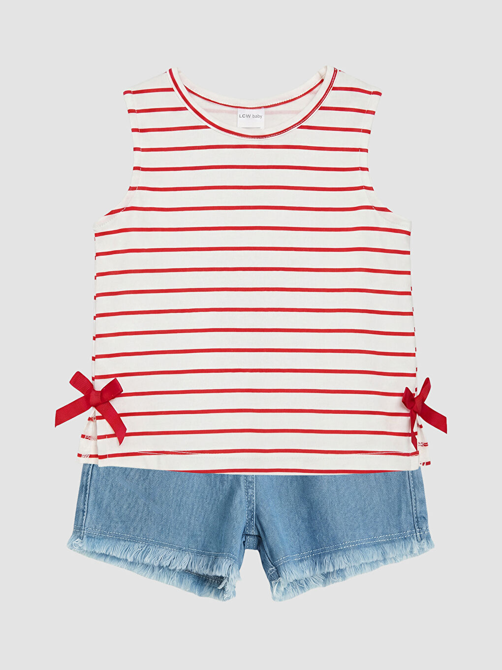 Ekru Çizgili Kız Bebek Şortlu Takım