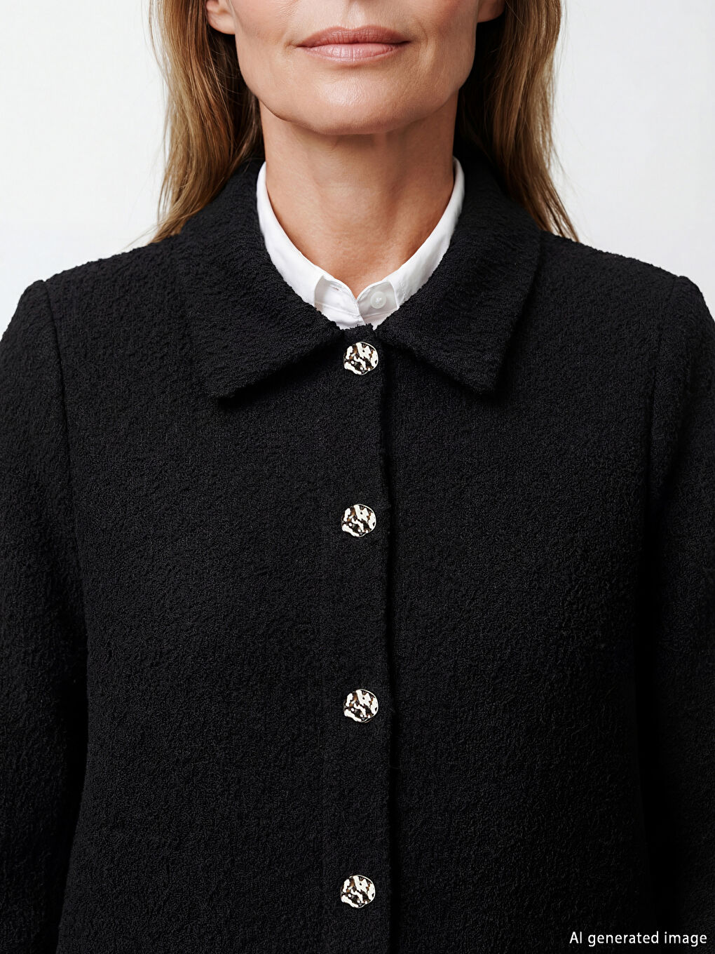 Siyah Gömlek Yaka Dokulu Kadın Triko Hırka	-2